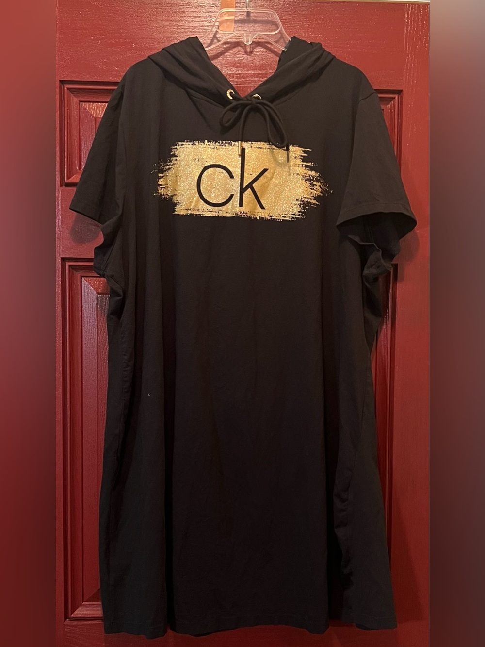 Calvin Klein Black Short-Sleeve Hooded Shirt Dress with Gold CK Brush Logo
